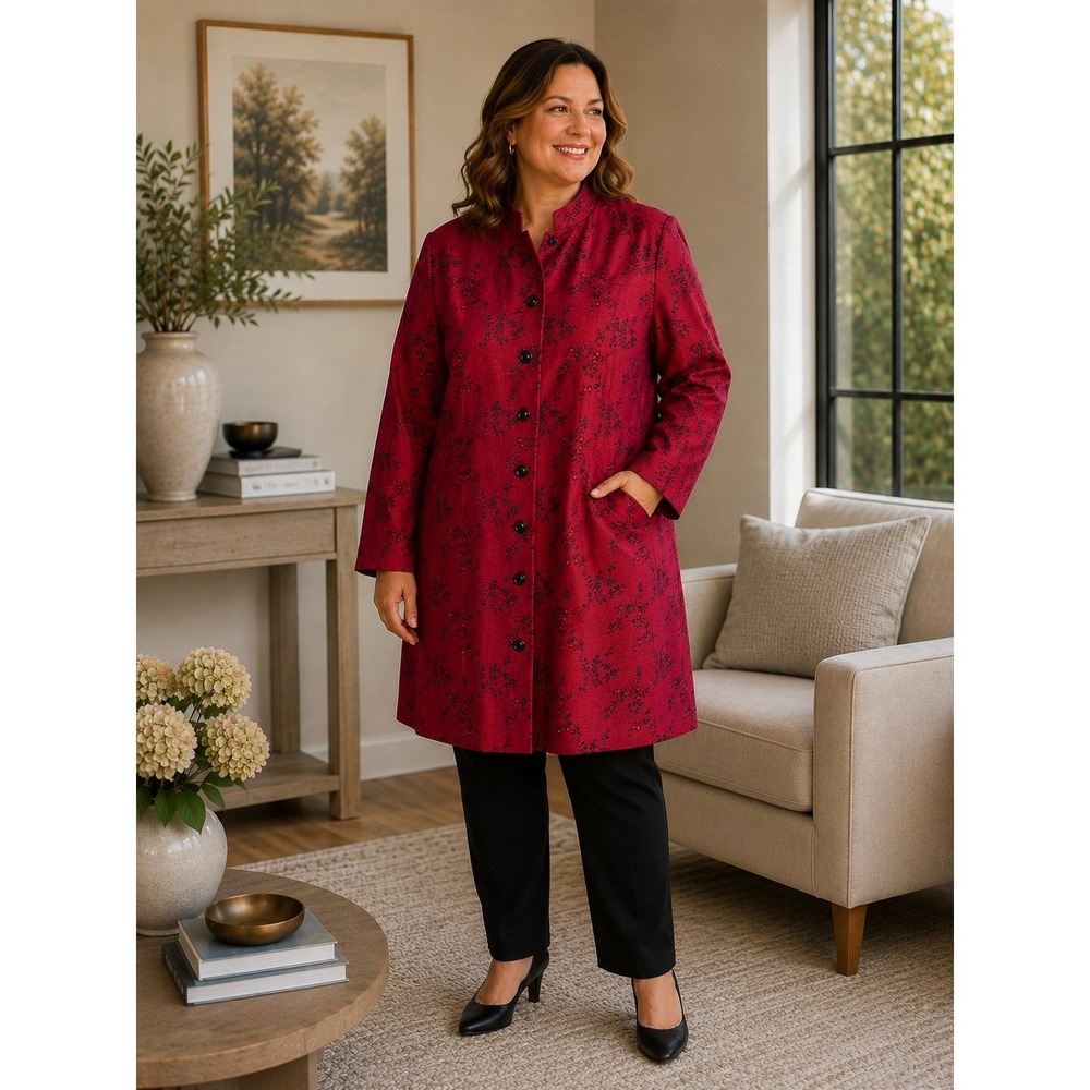 Scarlett Longline Jacket Women 18 Red Black Floral Mandarin Collar Asian Inspire